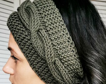 Merino wool handmade knitted winter headband in khaki green