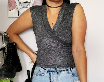 Vintage top for woman, Vintage 90s shimmer silver knitted sleeveless top, retro clothes, 1990 clothing, retro woman clothing
