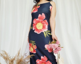 Retro 90s long black floral minimalist slip maxi dress