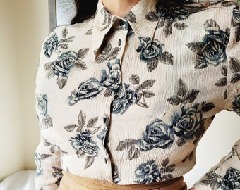 90s retro beige roses print minimalist shirt blouse top