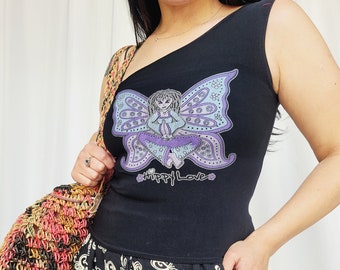 Minimalistische lycra tanktop met zwarte feeënprint uit de jaren 90