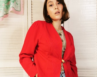 Vintage jacket for woman, Vintage 80s red minimalist embroidered blazer jacket, retro coats jackets
