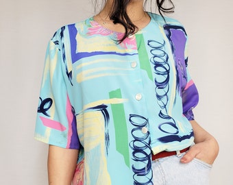 Vintage blouse, Vintage 90s blue colorful abstract shirt blouse top
