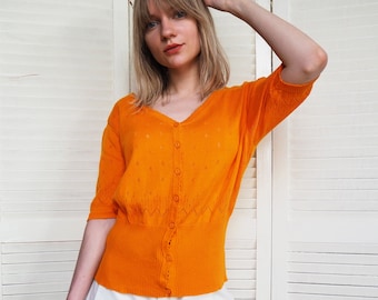 Vintage Top für Frauen, Vintage 90er Jahre Knopf vorne orange gestrickt Kurzarm Top, Retro Kleidung, Retro Frauen Kleidung