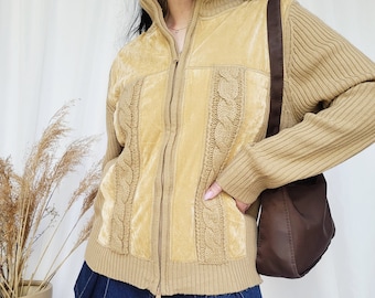 90s brown knit velveteen combo minimalist zip cardigan