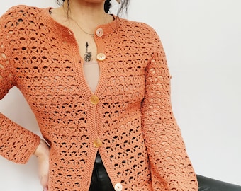 80s Handmade Orange Sheer Crochet Buttons Down Cardigan - Etsy