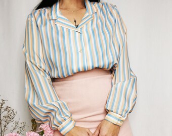 Pastel stripe minimalist blouse, Vintage 80s minimalist pastel striped blouse shirt top, Women blouse 1980, Smart casual formal top, L size