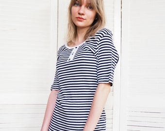 Vintage top for woman, Vintage 80s minimalist striped jersey tee top blouse, retro clothes, retro woman clothing