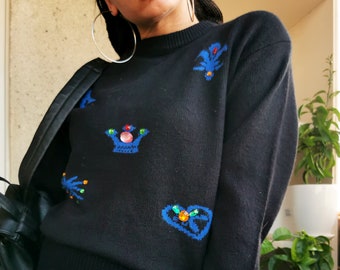 Women sweater, Vintage 90s minimalist black beaded jumper sweater