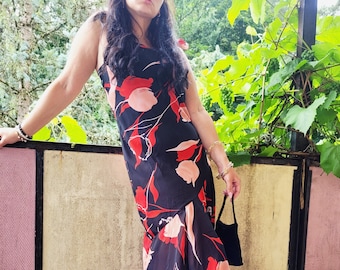 Retro 90s black red floral drape occasional midi dress