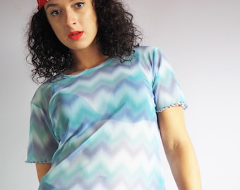 Vintage top for woman, Vintage 90s  minimalist blue mesh transparent top blouse, retro clothes, retro woman clothing