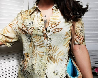 Vintage blouse, Vintage 90s Tropical leaf print sheer blouse