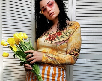 Suéter de mujer, vintage 90s rosas amarillas estampado manga larga top