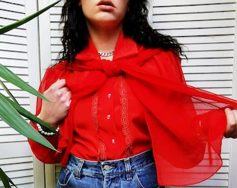 Vintage blouse, Vintage 80s red sheer sleeve bow collar shirt blouse