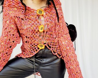 90s hand crochet knit sheer colorful pink slouchy cardigan