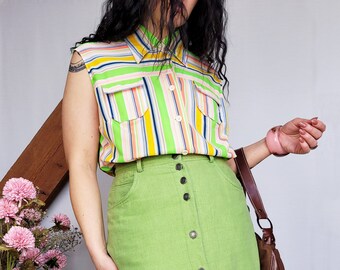 Vintage shirt, Vintage 80s colorful striped sleeveless summer blouse top