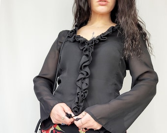 Black sheer ruffle top, Vintage 90s black sheer ruffle buttons down blouse top, Retro clothing, S-M size