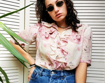 Vintage overhemd, Vintage jaren '90 pastel Rozen print ruches kraag blouse top
