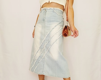 Retro 90s light blue distressed denim jeans midi skirt