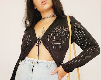 Y2K 00s retro knit see through black tie up cardigan top