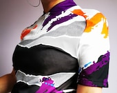 90s Vintage abstract print t-shirt with zipper on collar, Vintage women clothing, 70 39 s, 80 39 s, 90 39 s, Y2K