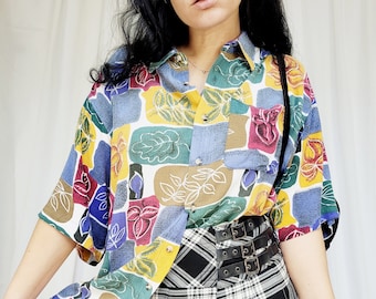 Abstract menswear blouse top, Vintage 90s colorful floral abstract print oversized shirt