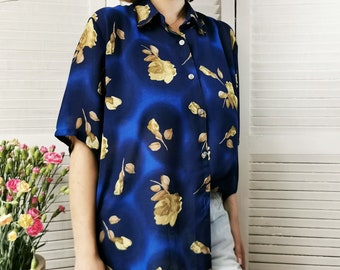 Minimalist large retro blouse, Vintage 90s blue floral print oversized sheer blouse top, Women blouse, 1990 navy blue shirt, L-XL size