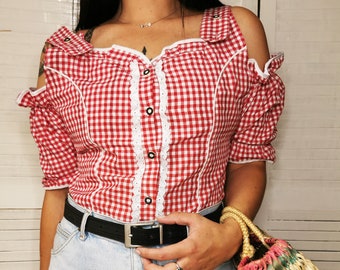 Vintage top for woman, Vintage 90s red plaid Country Milkmaid cold shoulder top, retro clothes, retro woman clothing