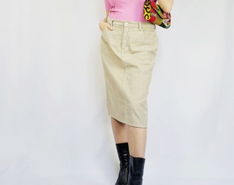 Falda lápiz midi minimalista de pana beige de los 90