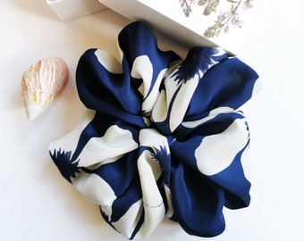 Handmade Huge blue & white floral 100% SILK ponytail scrunchy