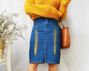 Denim pencil skirt, Vintage 90s blue shimmer denim midi pencil skirt, 1990 clothing, retro woman clothing, Vintage skirts, S size