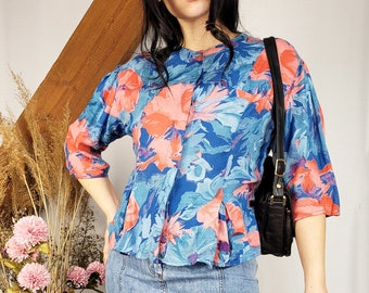 Vintage shirt, Vintage 90s blue colorful flower print peplum blouse top