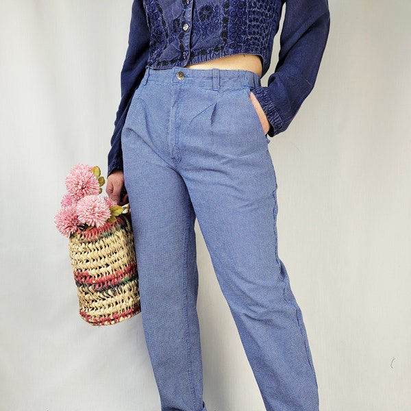 Vintage 90s azul a cuadros de cintura alta pantalones rectos