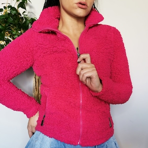 Vintage jacket for woman, Vintage 90s pink fluffy zipped jacket with pockets, retro coats jackets