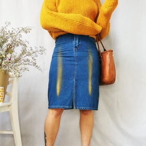 Denim pencil skirt, Vintage 90s blue shimmer denim midi pencil skirt, 1990 clothing, retro woman clothing, Vintage skirts, S size