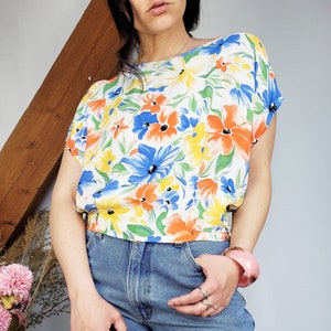Retro woman clothing, Y2K aesthetics, Vintage 90s colorful handmade floral blouse top