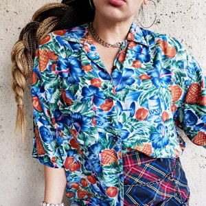 Camisa vintage, Vintage 90s Tropical print oversize unisex shirt top UK 12-16