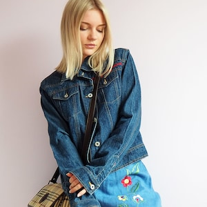 Vintage jacket for woman, Vintage 90s blue embroidery denim jacket, retro coats jackets
