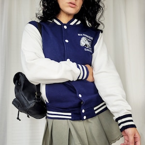 Varsity college jacket, Vintage 90s blue & white oversize varsity sweatshirt jacket, M size