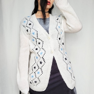 Knitted cardigan, Vintage 80s white handmade embroidered cardigan, vintage woman cardigan jacket
