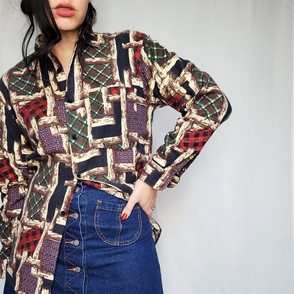 Vintage Shirt, Vintage 90er Jahre Herrenmode abstrakter Druck Unisex Oversize Shirt