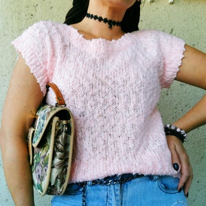 Minimalist knit pink top, Vintage 90s minimalist knitted short sleeve top in pink, retro clothes, Vintage top for woman, Size M-L