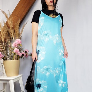 Vintage dress, Vintage 90s blue floral print maxi slip summer dress, summer clothing