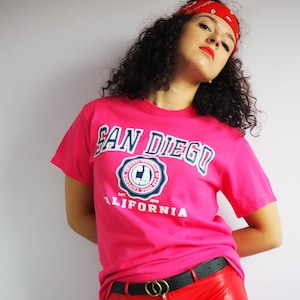 Vintage top for woman, Vintage 90s  slogan logo print festival t-shirt top in pink, retro clothes, retro woman clothing