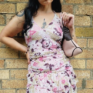 90s retro pink floral mesh ruffle halter party mini dress