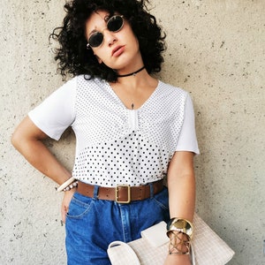 Vintage top for woman, Vintage 80s black & white polka dot minimalist top, retro clothes, retro woman clothing