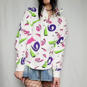 Vintage sweatshirt pullover, Vintage 90s white abstract print quarter zip sweatshirt, retro woman clothing