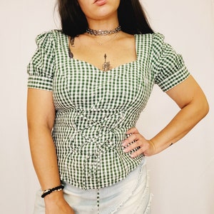 Retro 90s green checked puff sleeves Milkmaid blouse