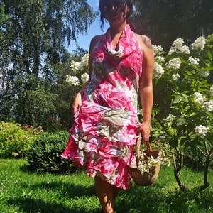 90s vintage pink floral ruffle halter midi occasional dress