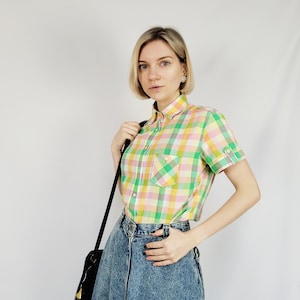 90s GANT pastel colorful checked short sleeve minimalist blouse